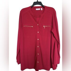 Susan Graver Women's Cranberry Red Button-Front Tunic with Gold Zips Sz XL